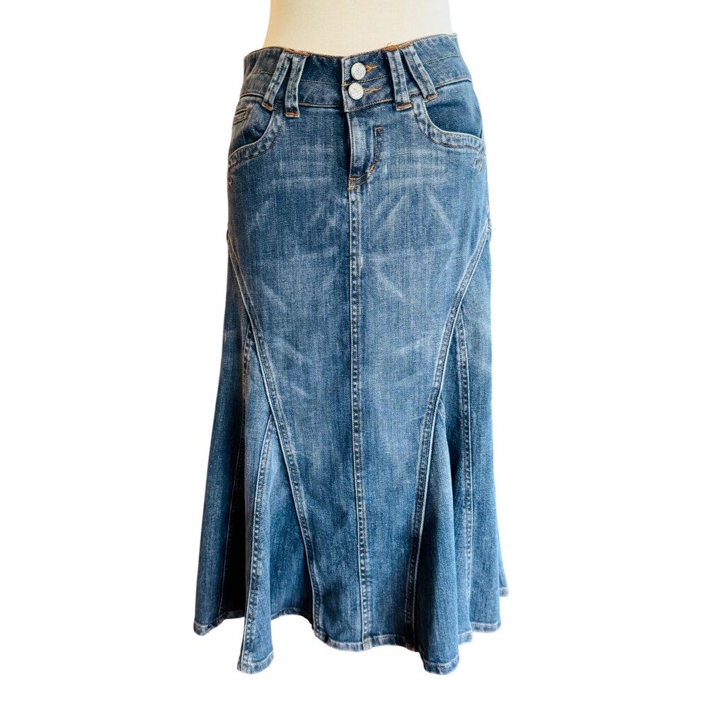 Candies Women 3 Vintage Distressed Wash Midi Blue Jean Skirt